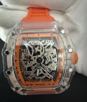 Skeleton Dial Quartz Chronograph Watch Clear Case Orange Rubber Strap